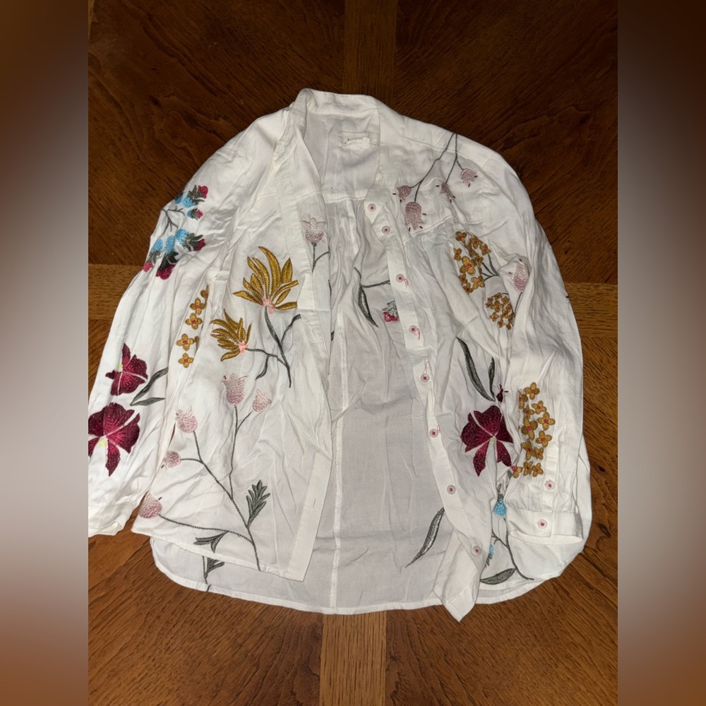 Anthropologie White Floral Button Down Shirt